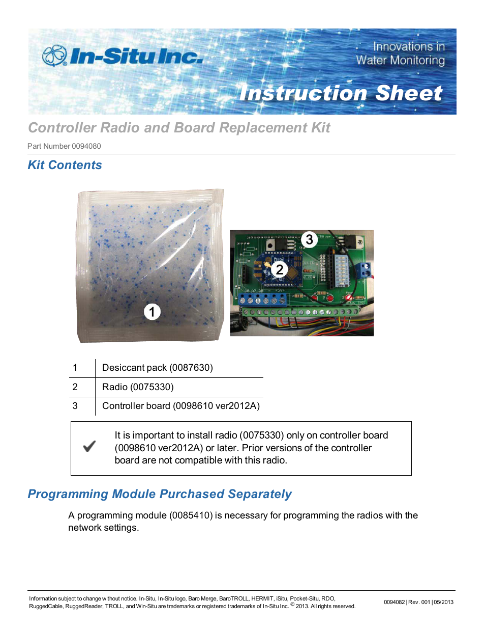 In-Situ Controller Radio & Board Replacement Kit User Manual | 6 pages