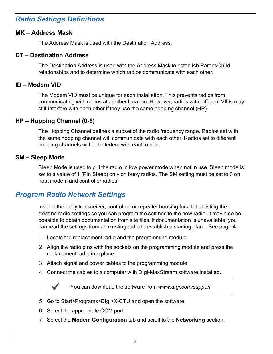 3 radio settings definitions, 4 program radio network settings, Radio settings definitions | Program radio network settings | In-Situ Controller Radio & Board Replacement Kit User Manual | Page 2 / 6