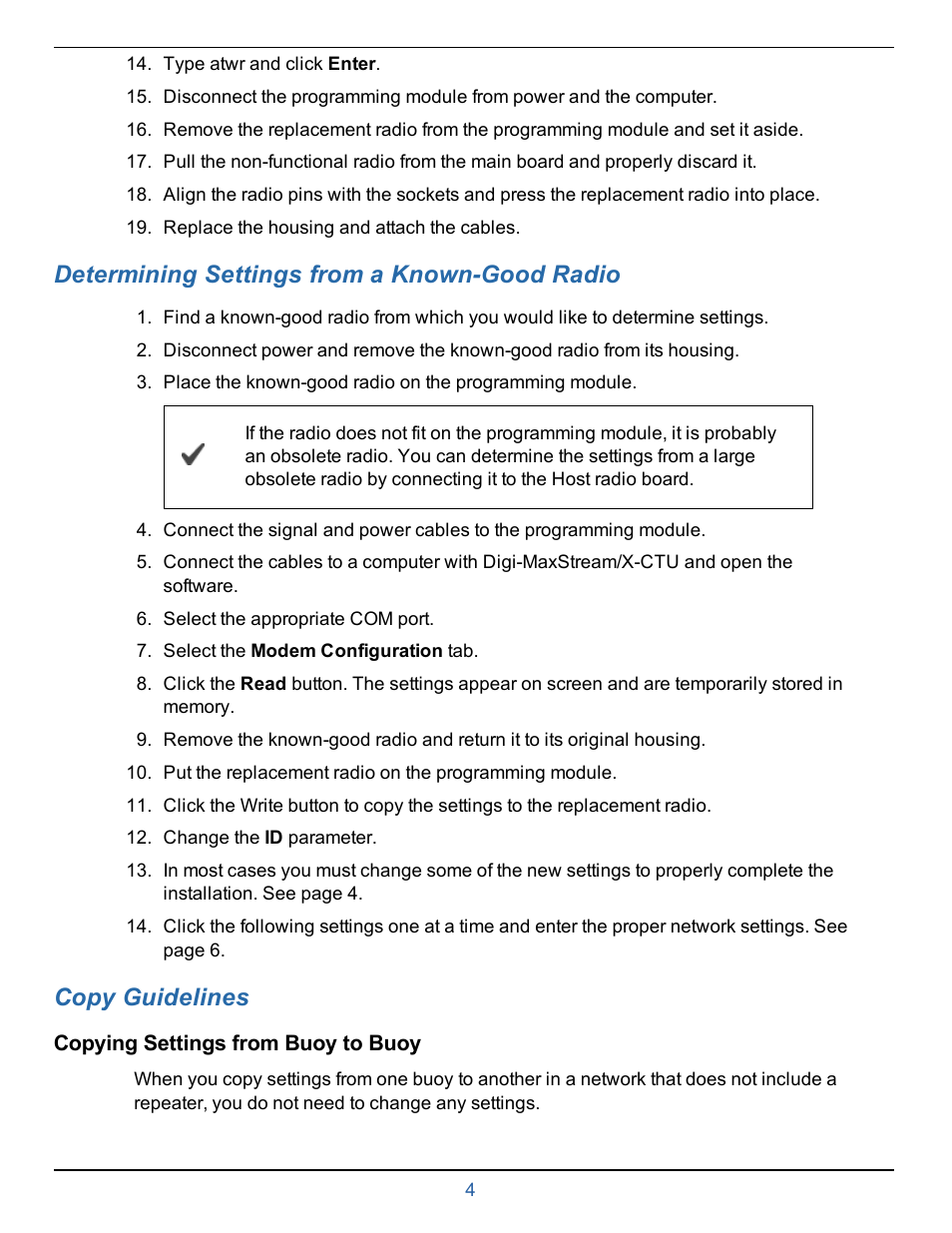 6 determining settings from a known-good radio, 7 copy guidelines, Copying settings from buoy to buoy | Determining settings from a known-good radio, Copy guidelines | In-Situ Repeater Radio & Board Replacement Kit User Manual | Page 4 / 6