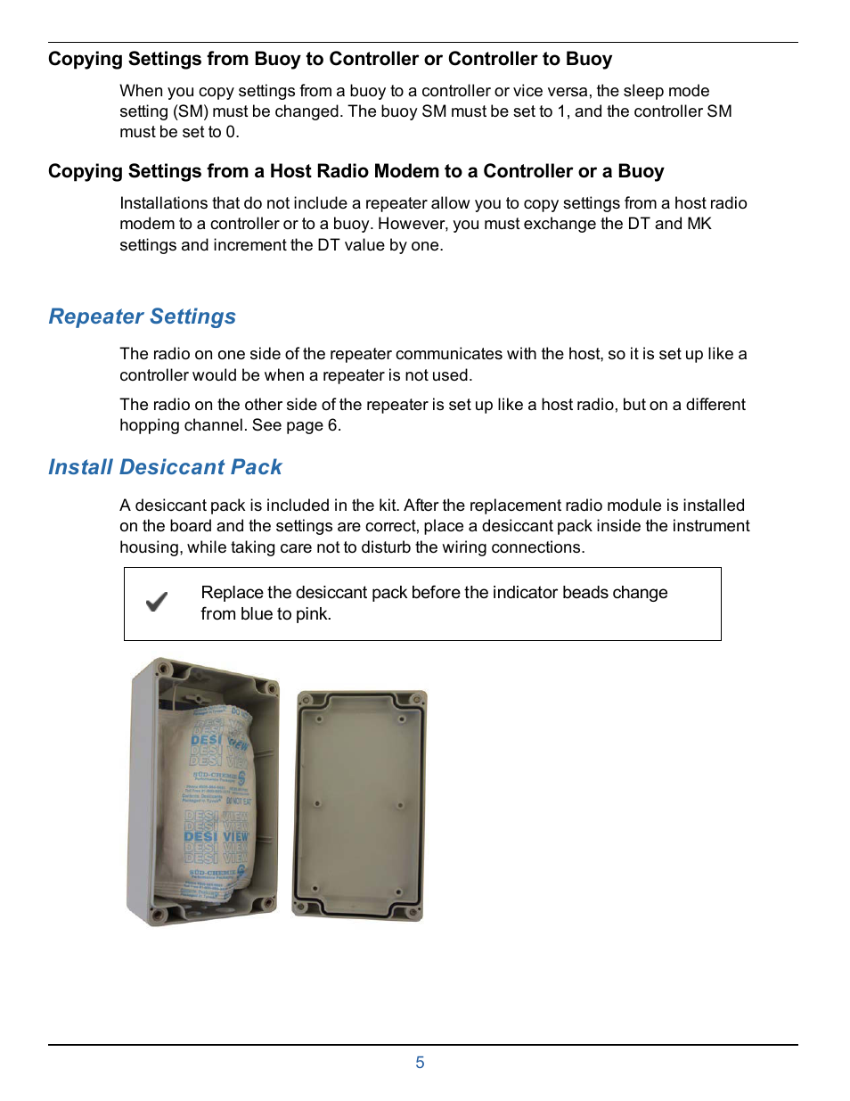 8 repeater settings, 9 install desiccant pack, Repeater settings | Install desiccant pack | In-Situ Repeater Radio & Board Replacement Kit User Manual | Page 5 / 6