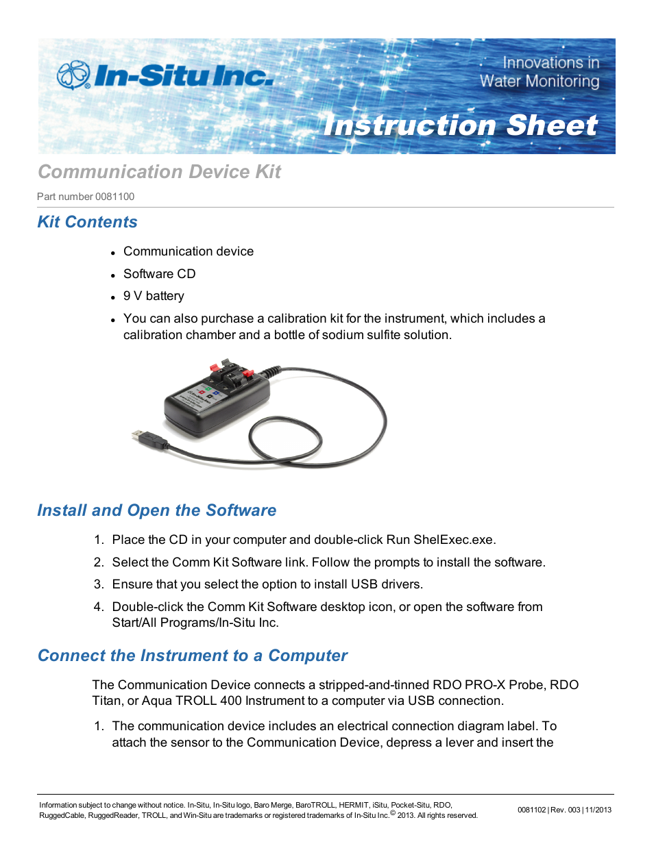 In-Situ Communication Device Kit for the Aqua TROLL 400 and RDO PRO Probe User Manual | 15 pages