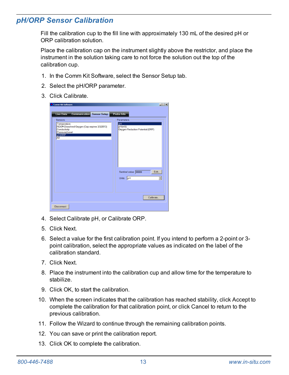 14 ph/orp sensor calibration, Ph/orp sensor calibration | In-Situ Communication Device Kit for the Aqua TROLL 400 and RDO PRO Probe User Manual | Page 13 / 15