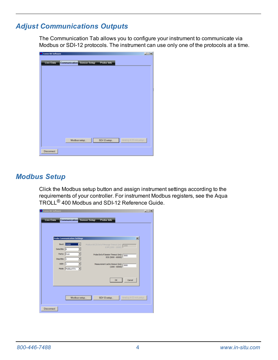 5 adjust communications outputs, 6 modbus setup, Adjust communications outputs | Modbus setup | In-Situ Communication Device Kit for the Aqua TROLL 400 and RDO PRO Probe User Manual | Page 4 / 15