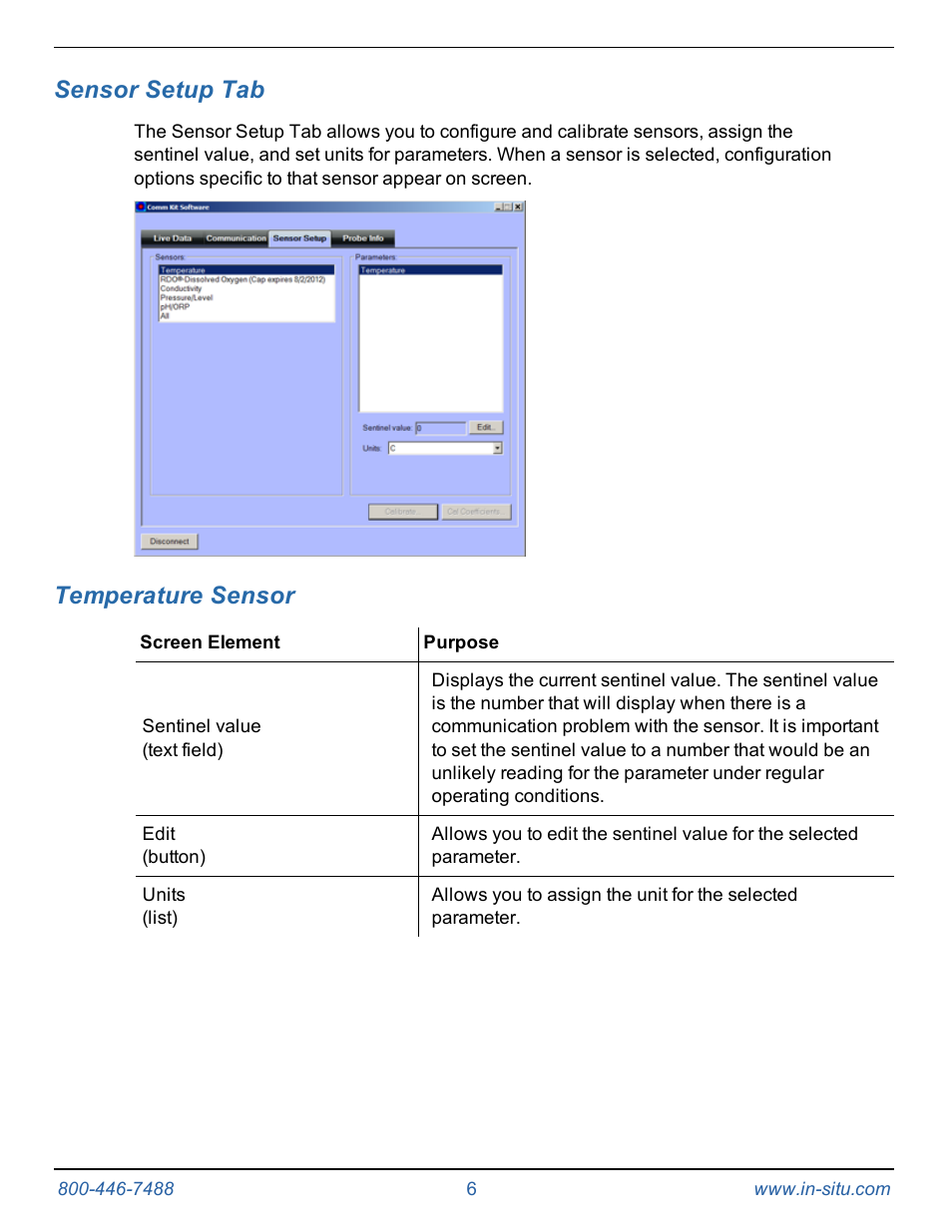 8 sensor setup tab, 9 temperature sensor, Sensor setup tab | Temperature sensor | In-Situ Communication Device Kit for the Aqua TROLL 400 and RDO PRO Probe User Manual | Page 6 / 15