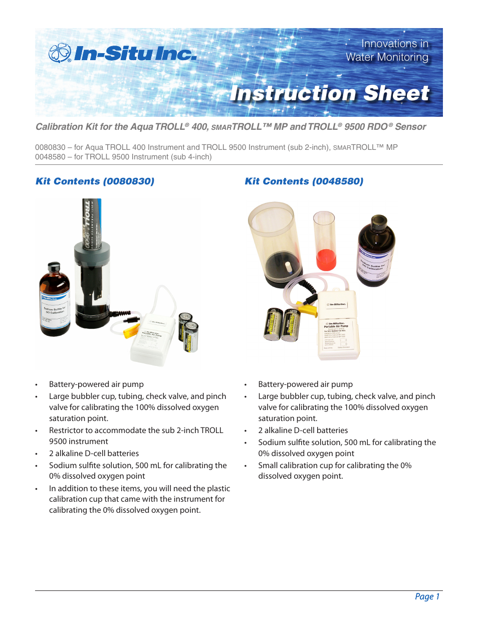 In-Situ smarTROLL Multiparameter Handheld Calibration Kit/Bubbler User Manual | 2 pages