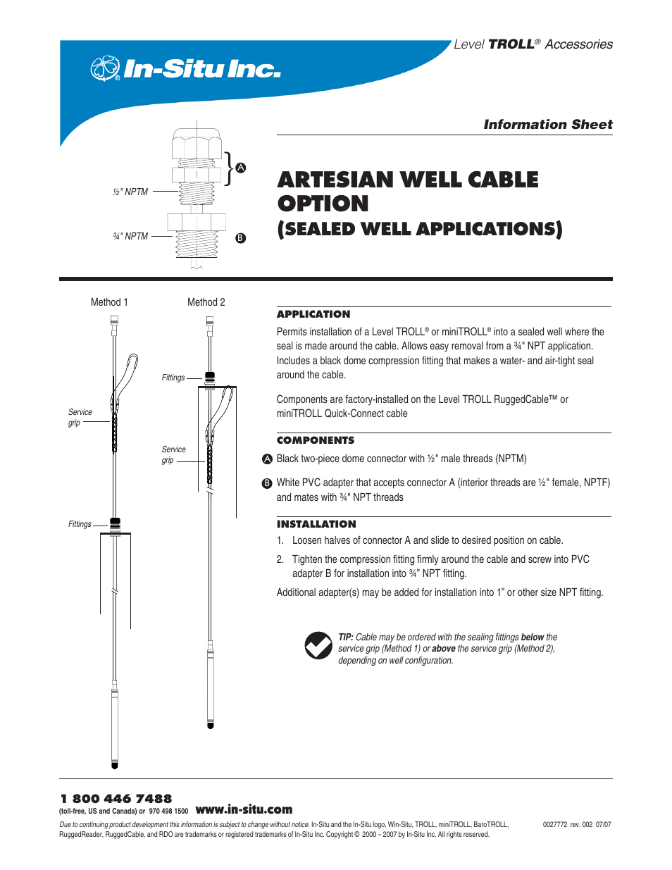 In-Situ Artesian Well Cable Option (factory installed) for Level TROLL and miniTROLL User Manual | 1 page