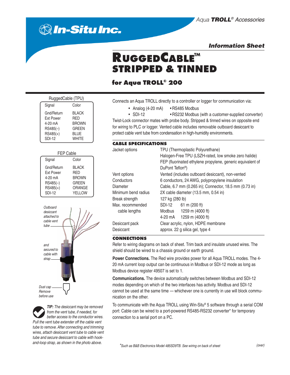 In-Situ RuggedCable for Aqua TROLL—Female connector end + stripped and tinned end User Manual | 2 pages