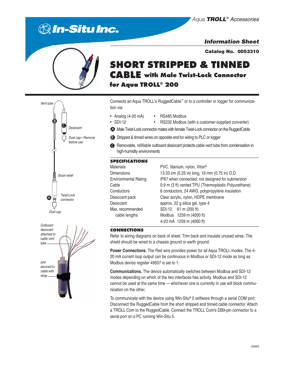 In-Situ RuggedCable for Aqua TROLL—Male connector end + stripped and tinned end User Manual | 2 pages