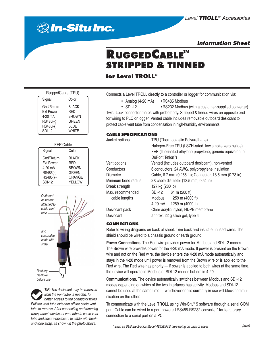 In-Situ RuggedCable for Level TROLL—Female connector end + stripped and tinned end User Manual | 2 pages