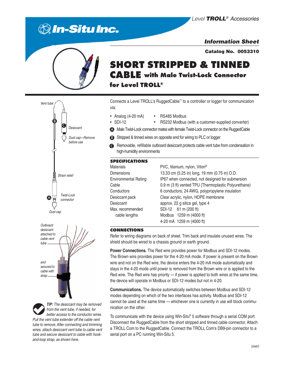 In-Situ RuggedCable for Level TROLL—Male connector end + stripped and tinned end User Manual | 2 pages