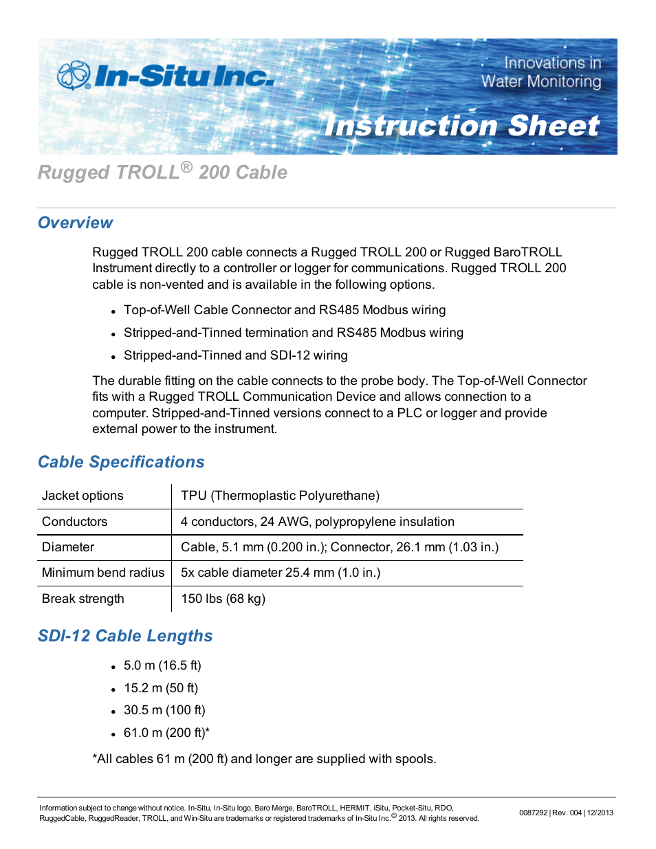In-Situ Rugged TROLL 200 Cable User Manual | 2 pages