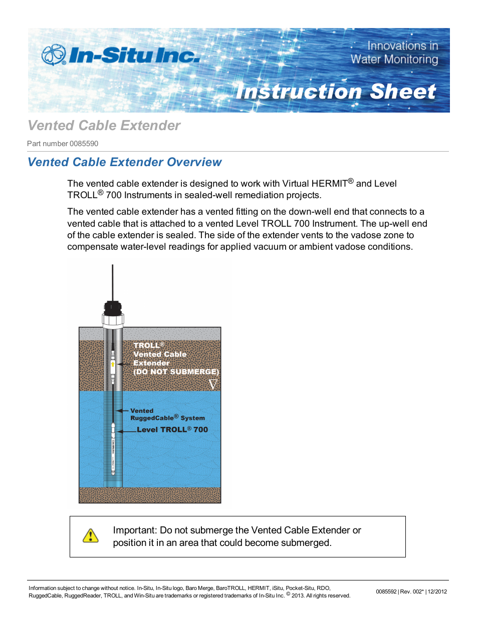 In-Situ Vented Cable Extender for RuggedCable Systems—An In-Situ Rentals Exclusive User Manual | 2 pages