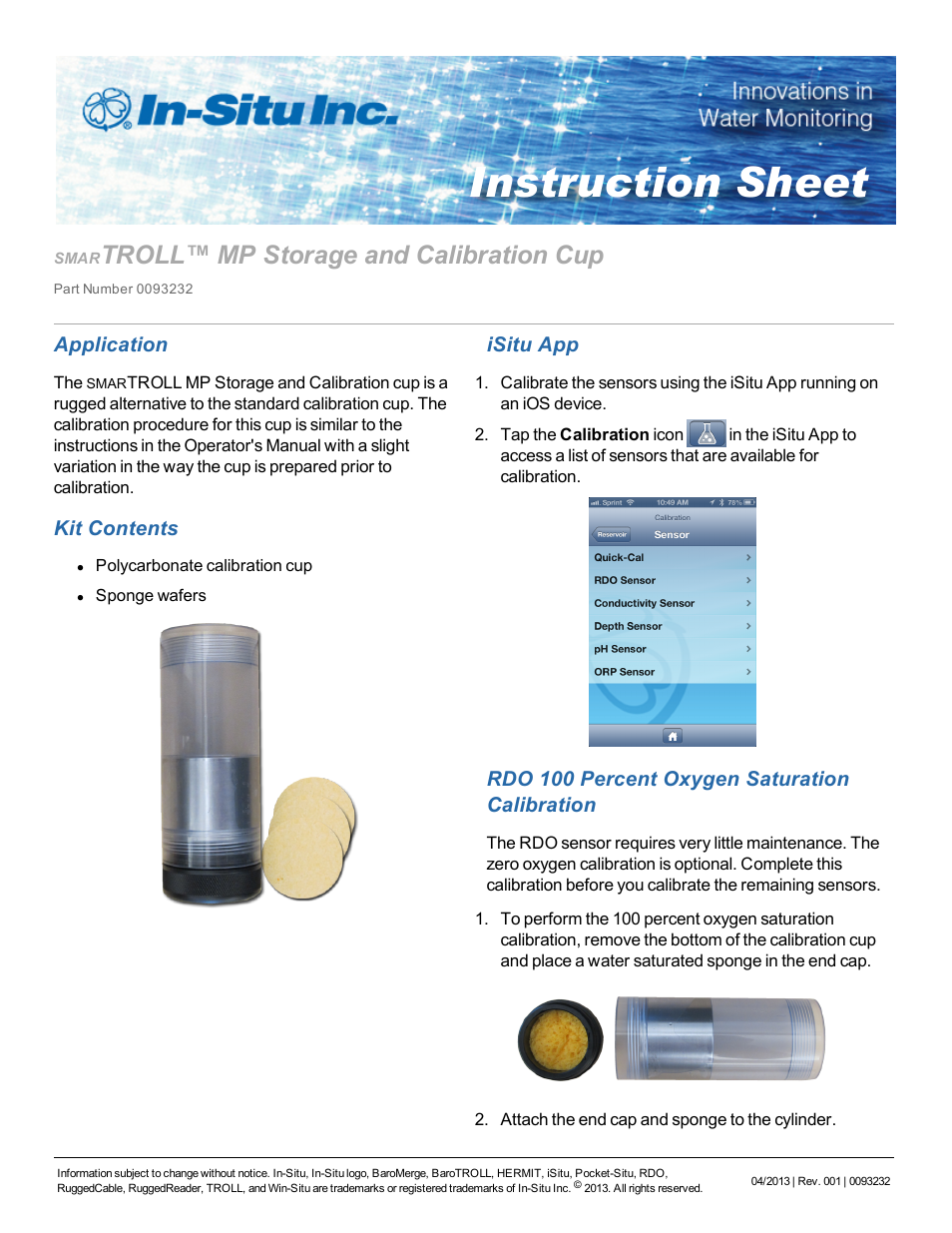 In-Situ smarTROLL Multiparameter Handheld Calibration & Storage Cup User Manual | 2 pages