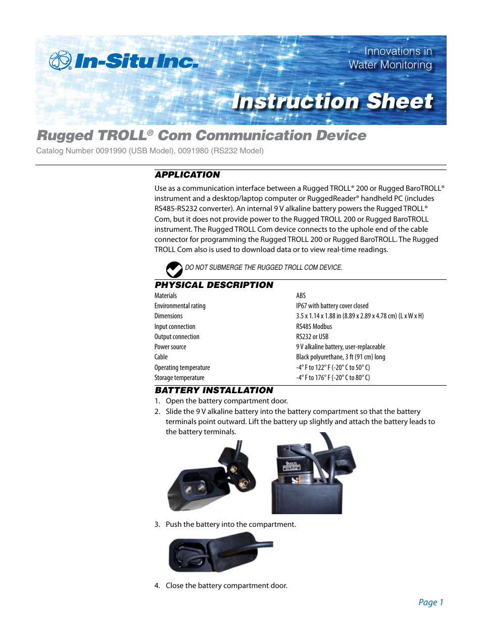 In-Situ Rugged TROLL Com Device for Rugged TROLL 200 and Rugged BaroTROLL User Manual | 2 pages