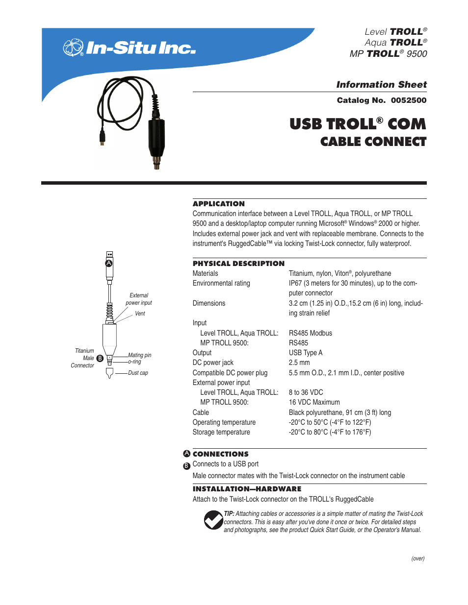 In-Situ USB Port TROLL Com (Cable Connect) User Manual | 2 pages