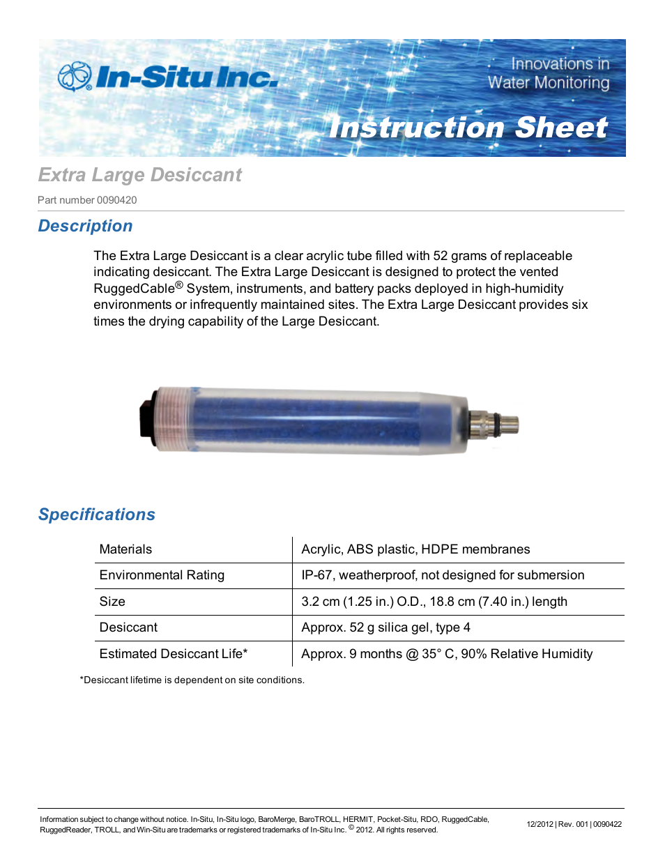 In-Situ Extra Large Desiccant for Use with RuggedCable Systems User Manual | 2 pages