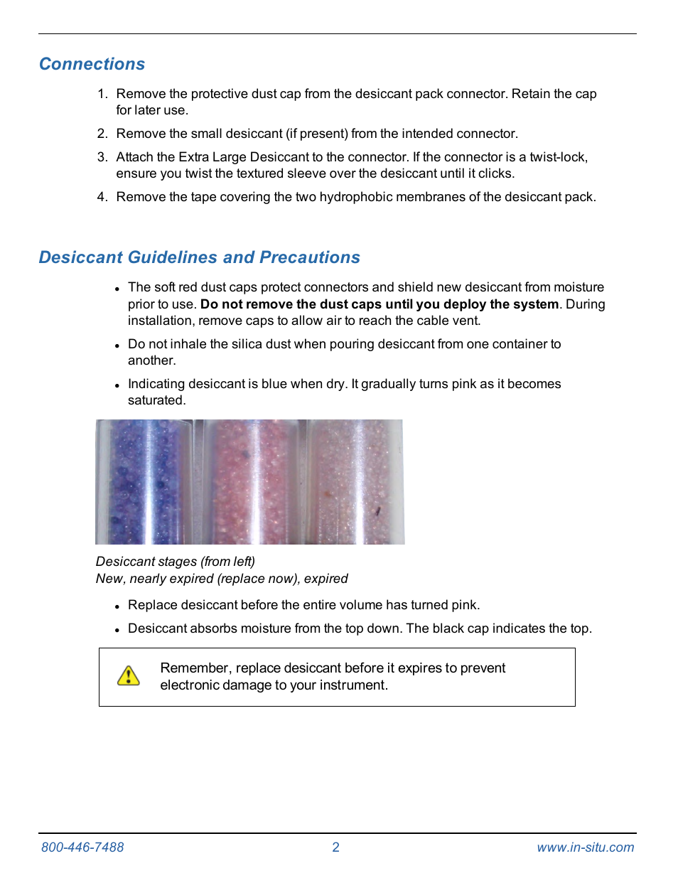 3 connections, 4 desiccant guidelines and precautions, Connections | Desiccant guidelines and precautions | In-Situ Extra Large Desiccant for Use with RuggedCable Systems User Manual | Page 2 / 2