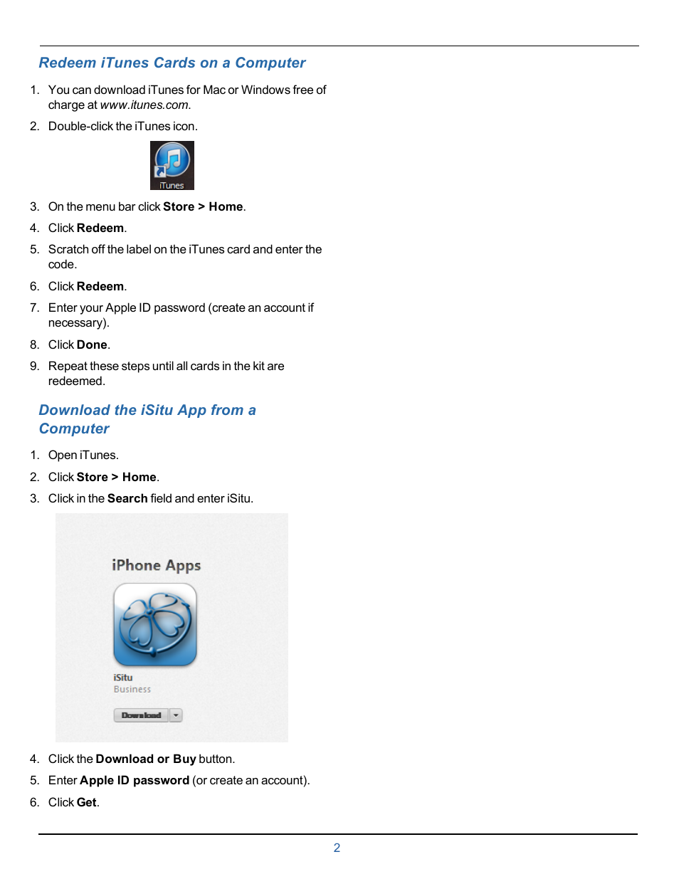 4 redeem itunes cards on a computer, 5 download the isitu app from a computer, Instruction sheet | In-Situ iSitu App Installation Kit User Manual | Page 2 / 2