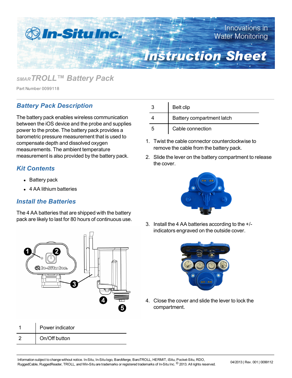 In-Situ smarTROLL Multiparameter Handheld Battery Pack User Manual | 2 pages