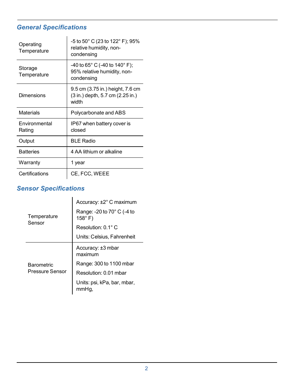 4 general specifications, 5 sensor specifications, Instruction sheet | In-Situ smarTROLL Multiparameter Handheld Battery Pack User Manual | Page 2 / 2