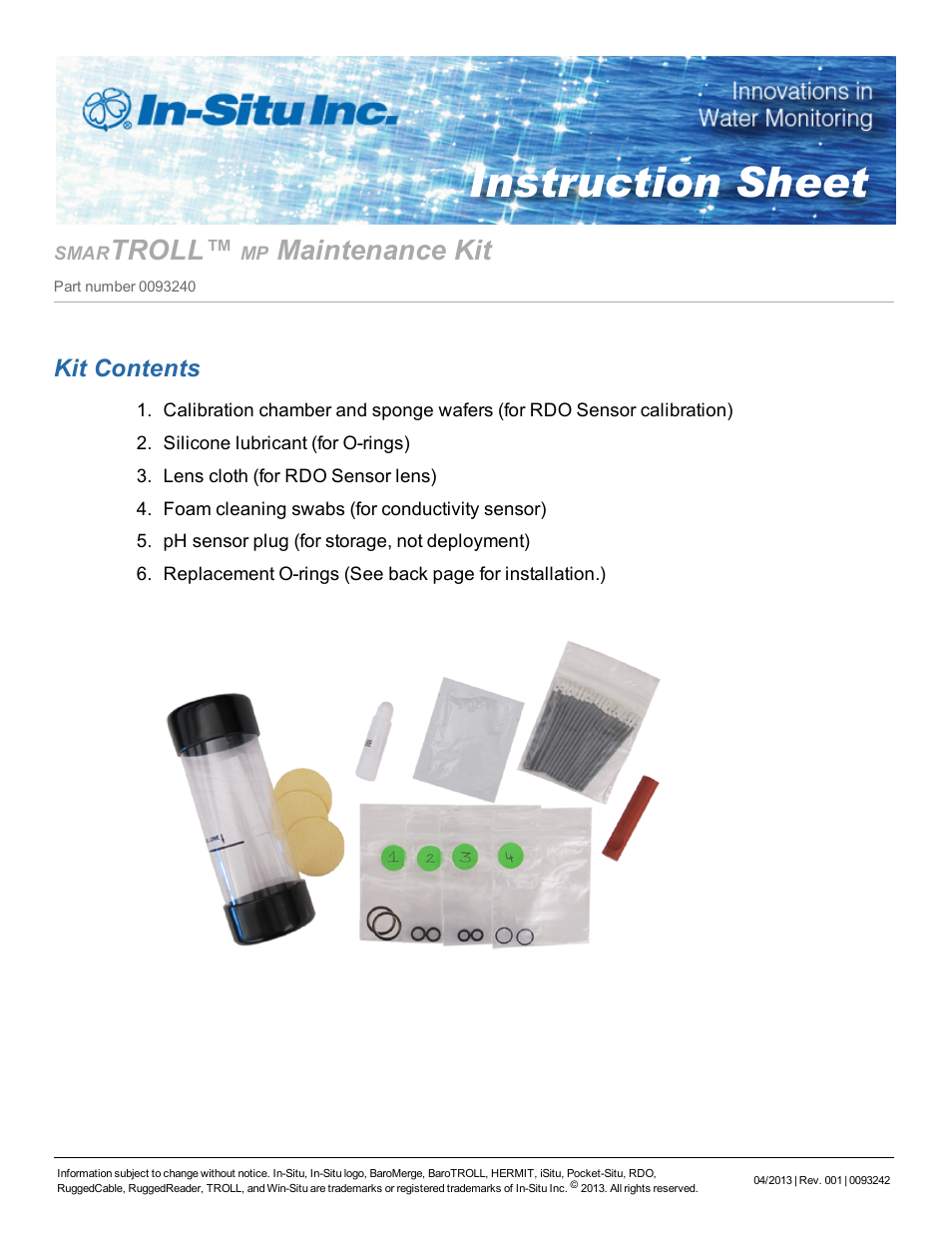 In-Situ smarTROLL Multiparameter Handheld Maintenance Kit User Manual | 2 pages