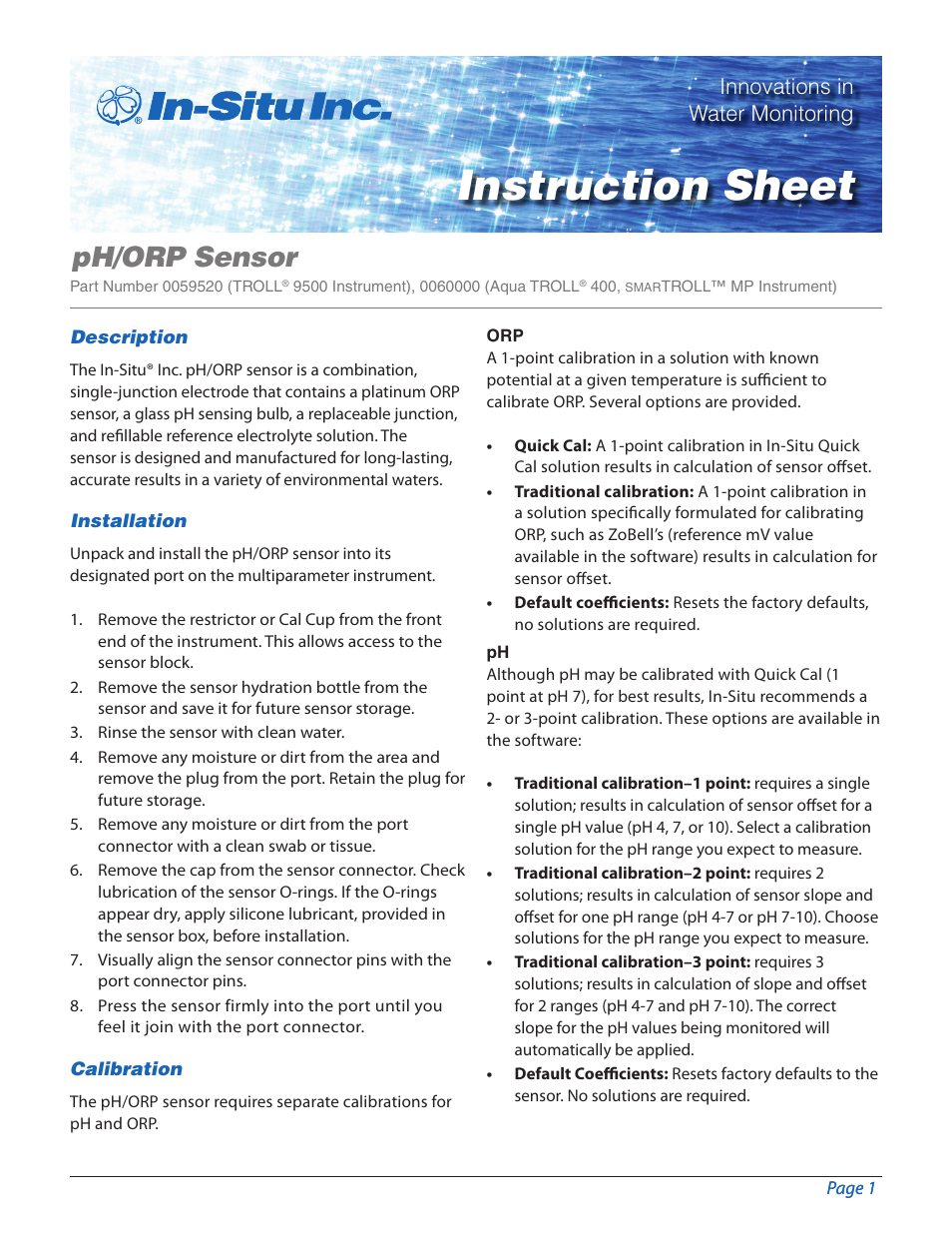 In-Situ pH/ORP Sensor User Manual | 5 pages