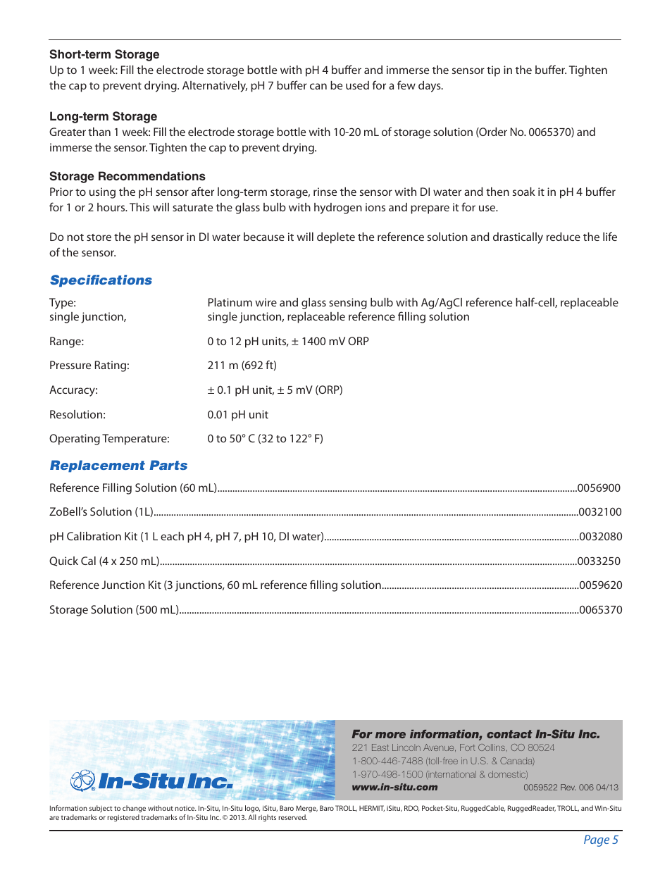 In-Situ pH/ORP Sensor User Manual | Page 5 / 5