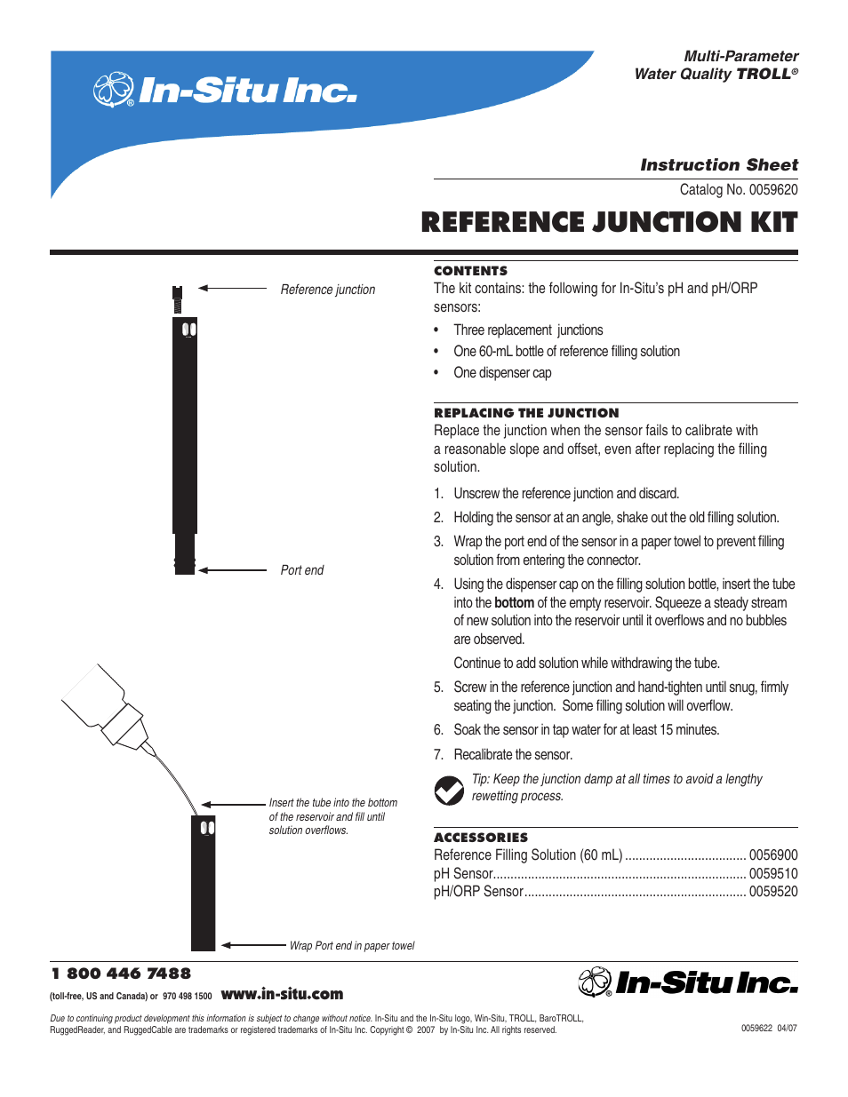 In-Situ pH Sensors—Reference Junction Replacement Kit User Manual | 1 page