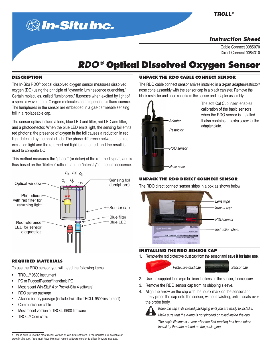 In-Situ RDO Sensor for TROLL 9500: Installation, Calibration, and Care (purchased after 09/2008) User Manual | 4 pages