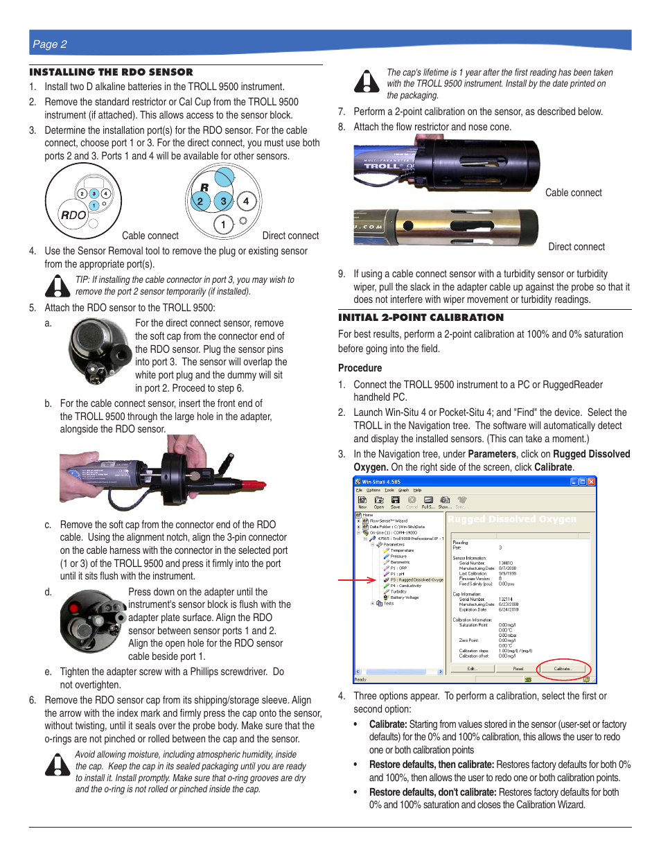 In-Situ RDO Sensor for TROLL 9500: Installation, Calibration, and Care (purchased after 09/2008) User Manual | Page 2 / 4