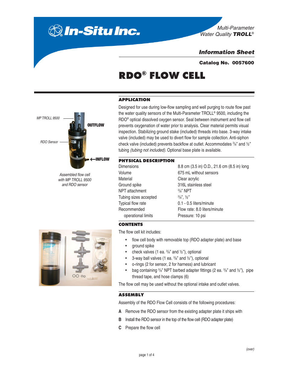 In-Situ Flow Cell for Low-Flow System with RDO Sensor (purchased before 09/2008) User Manual | 4 pages