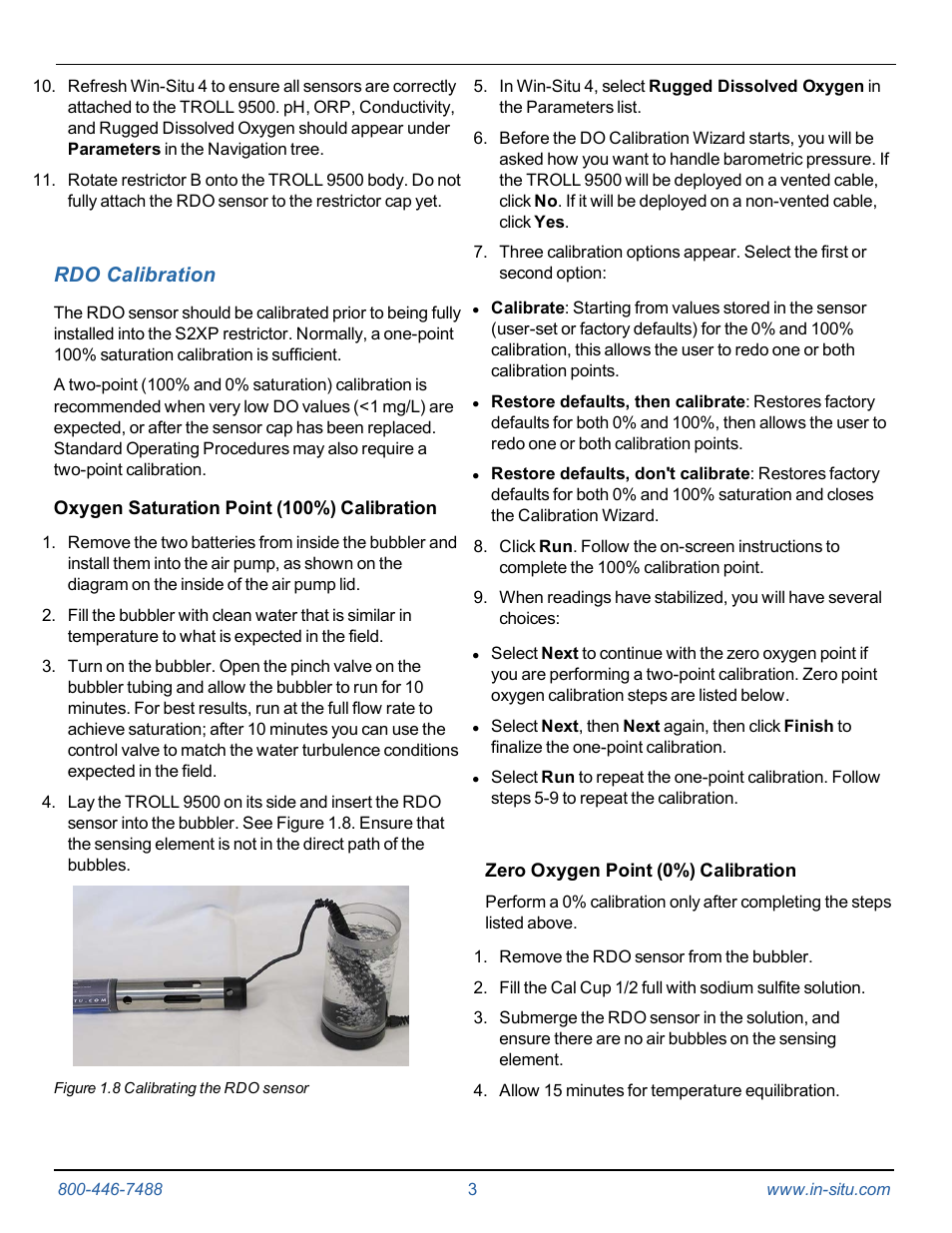 5 rdo calibration, Oxygen saturation point (100%) calibration, Zero oxygen point (0%) calibration | Instruction sheet | In-Situ S2XP Restrictor for TROLL 9500—Installation and Calibration Instructions User Manual | Page 3 / 5