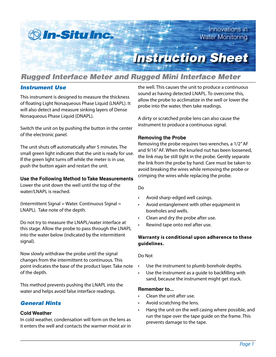 In-Situ Oil/Water Interface Meter Instruction Sheet User Manual | 5 pages