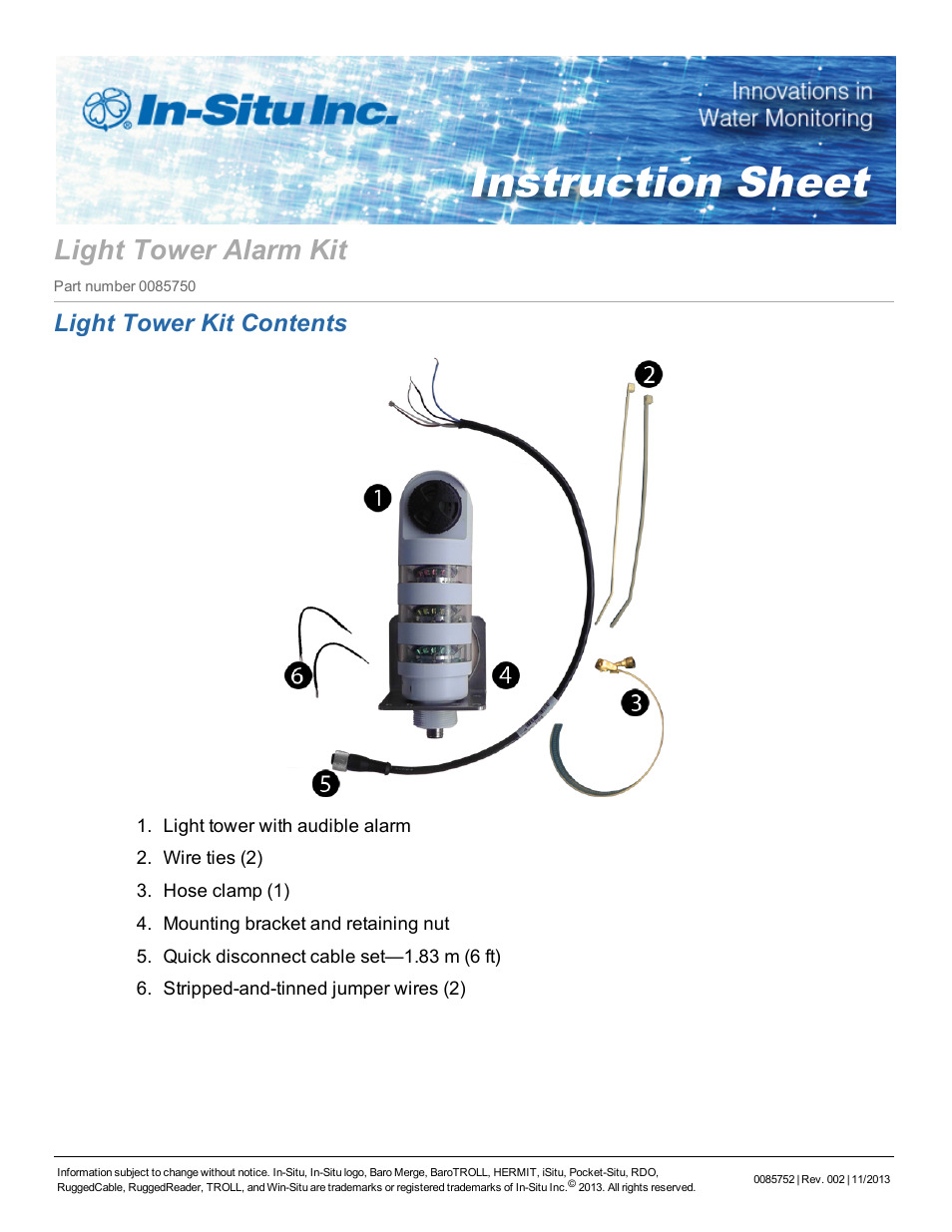 In-Situ Light Tower Alarm Kit for the Con TROLL PRO System User Manual | 9 pages