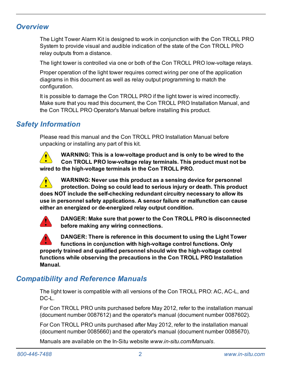 2 overview, 3 safety information, 4 compatibility and reference manuals | Overview, Safety information, Compatibility and reference manuals | In-Situ Light Tower Alarm Kit for the Con TROLL PRO System User Manual | Page 2 / 9