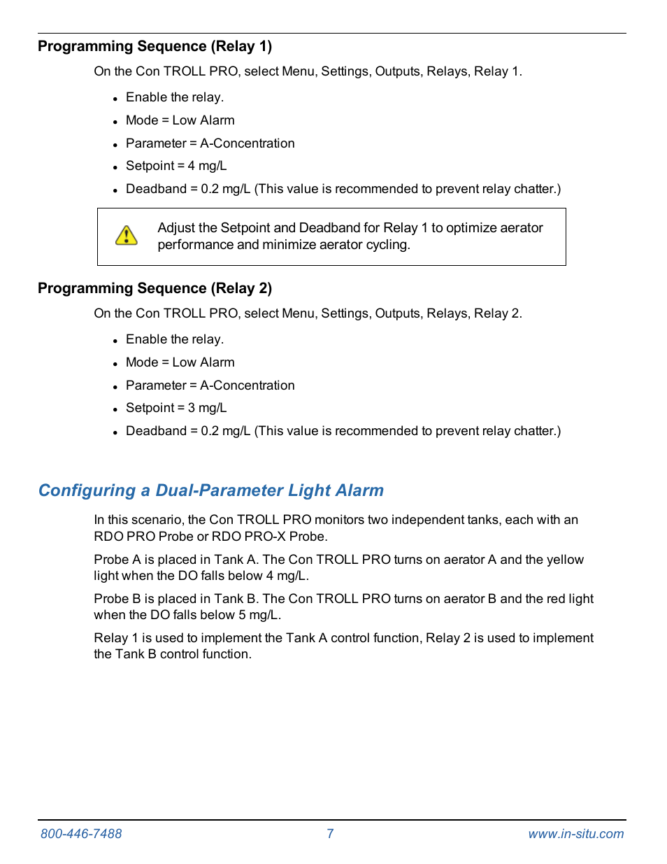 Programming sequence (relay 1), Programming sequence (relay 2), 9 configuring a dual-parameter light alarm | Configuring a dual-parameter light alarm | In-Situ Light Tower Alarm Kit for the Con TROLL PRO System User Manual | Page 7 / 9