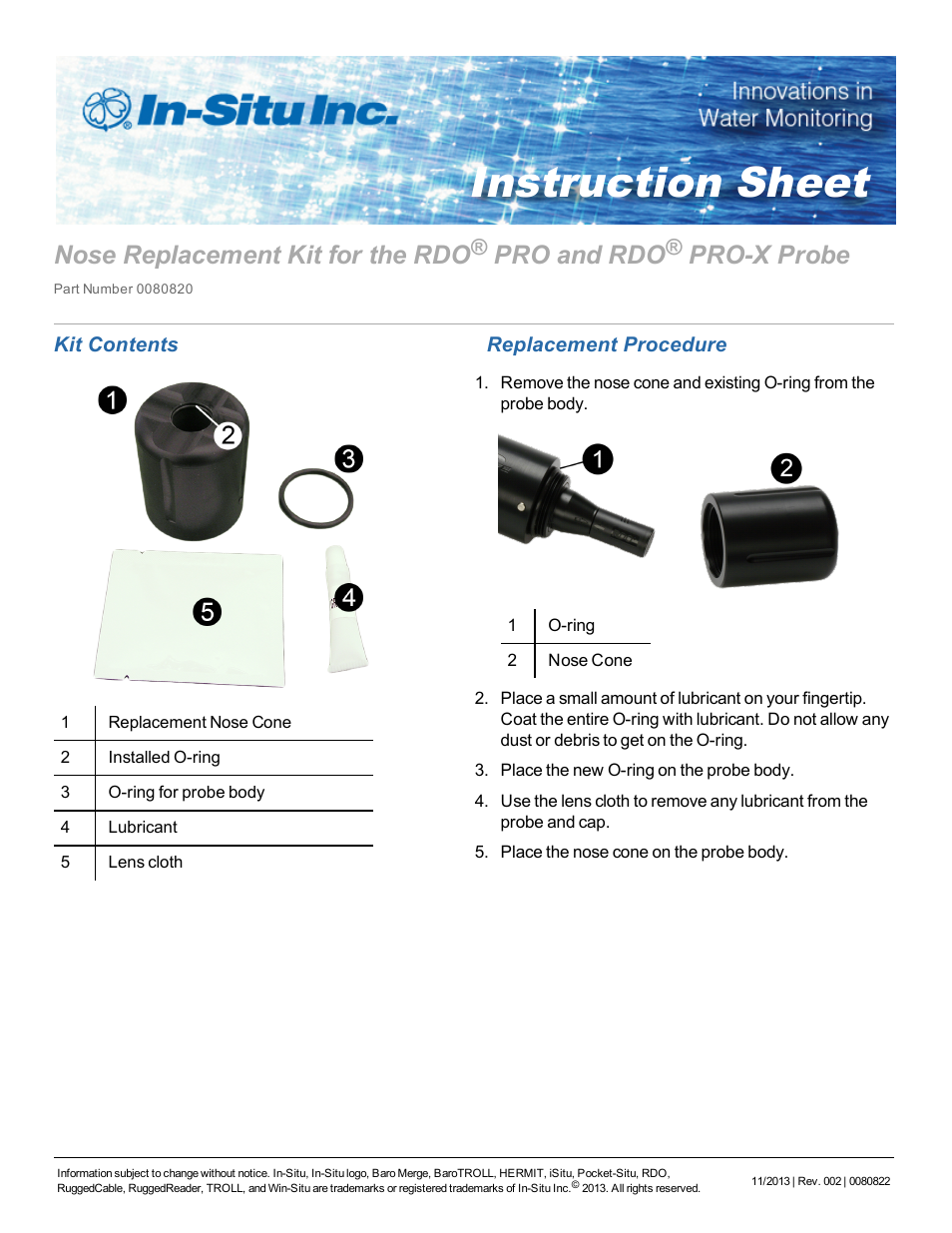 In-Situ Nose Replacement Kit for the optical RDO PRO Probe User Manual | 1 page