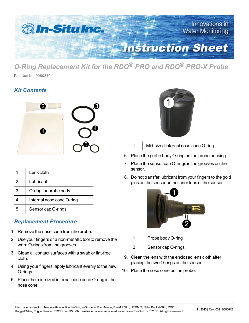 In-Situ O-ring Replacement Kit for the optical RDO PRO Probe User Manual | 1 page