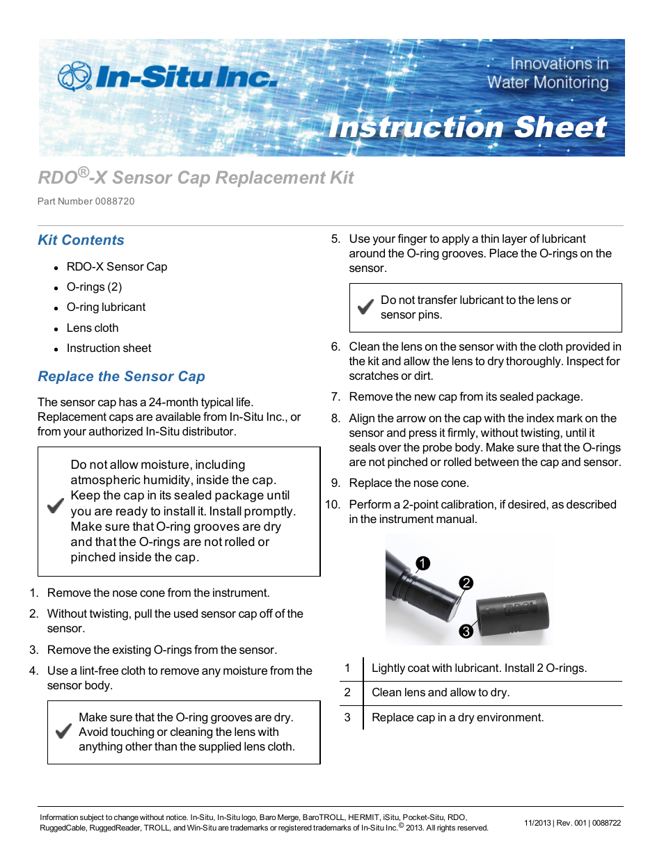 In-Situ Sensor Cap Replacement Kit for the optical RDO PRO-X Probe User Manual | 1 page