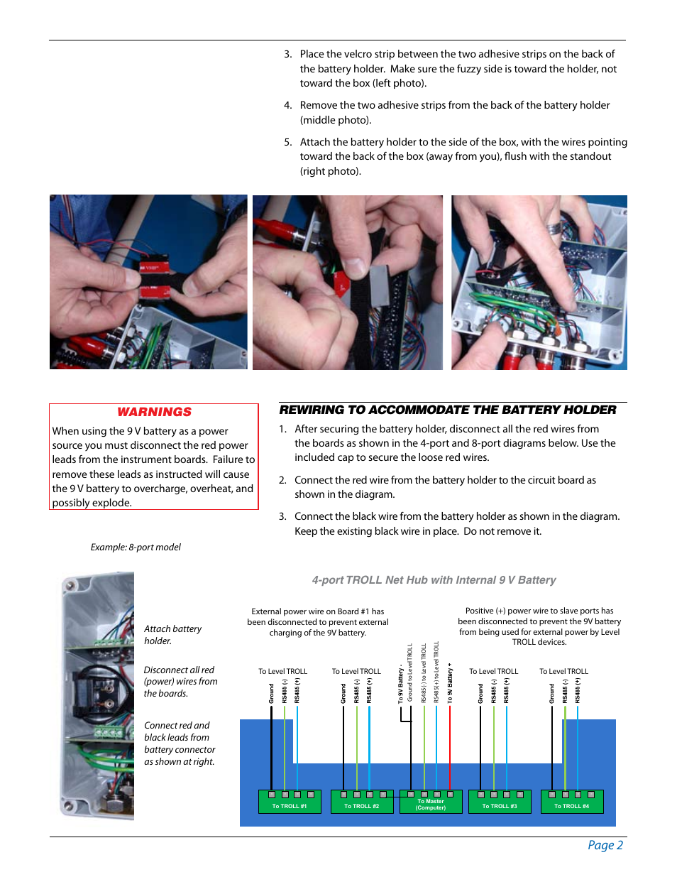 Page 2, Rewiring to accommodate the battery holder, Warnings | In-Situ TROLL Net Hub Battery Kit User Manual | Page 2 / 3