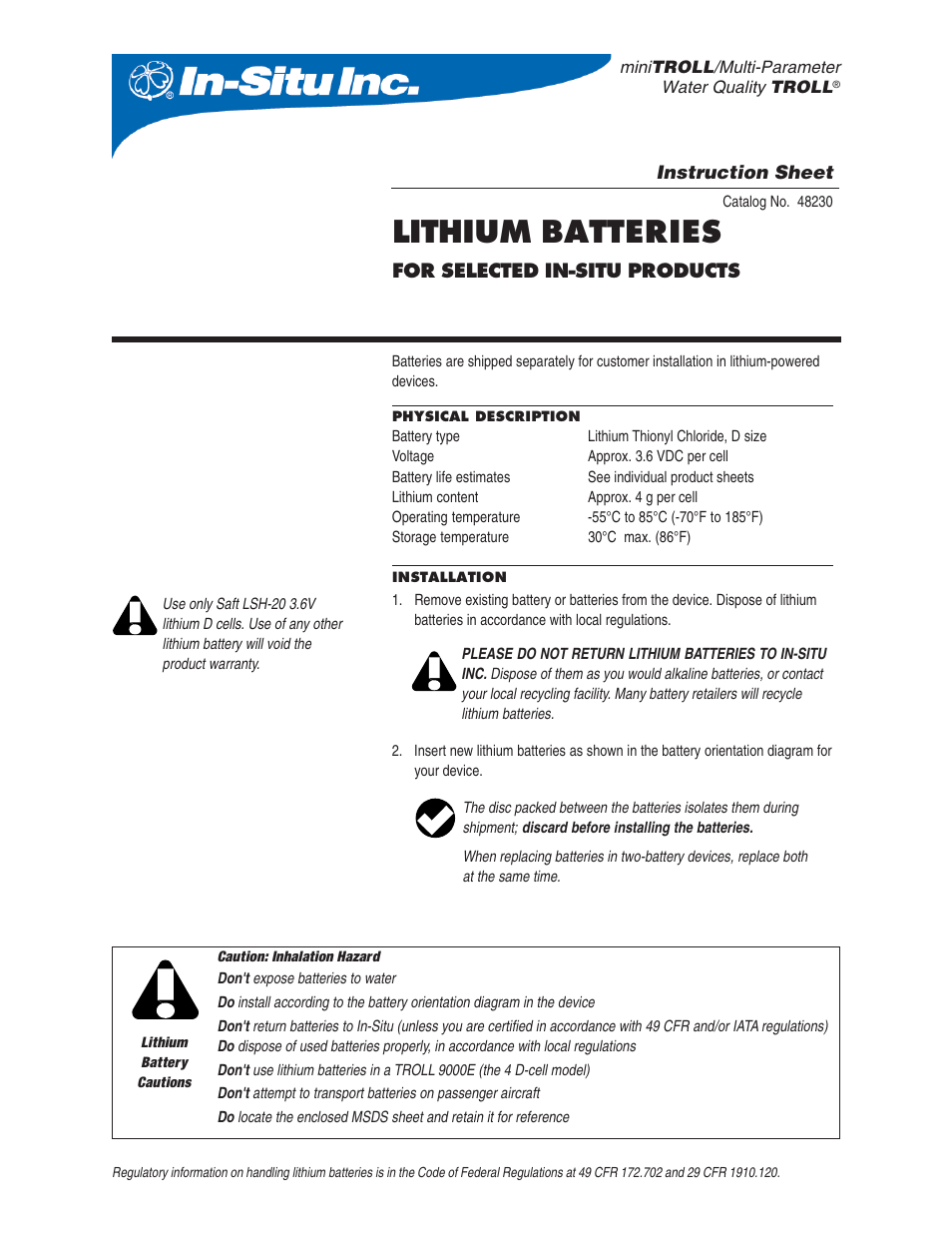 In-Situ D-cell Lithium Battery Kit for TROLL 9500/9000 and miniTROLL External Power User Manual | 2 pages