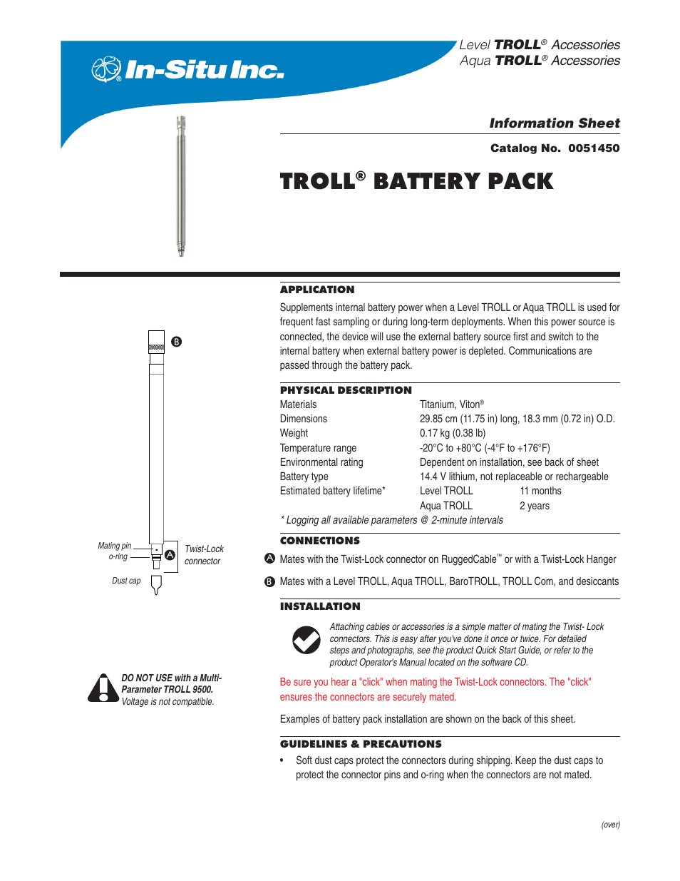 In-Situ TROLL Battery Pack for Level TROLL and Aqua TROLL Instruments User Manual | 2 pages