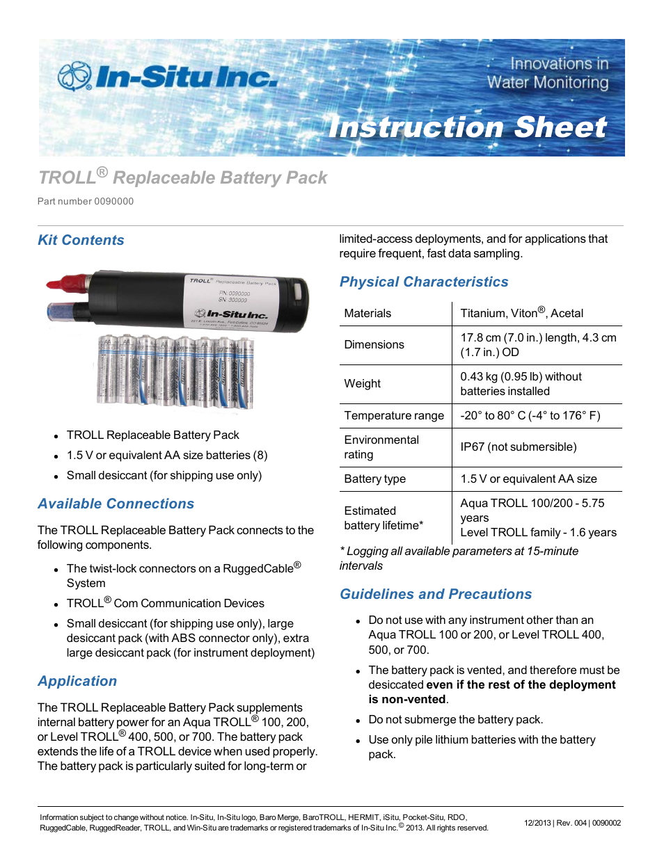 In-Situ TROLL Replaceable Battery Pack for Aqua TROLL 100/200 and Level TROLL 400/500/700 User Manual | 3 pages