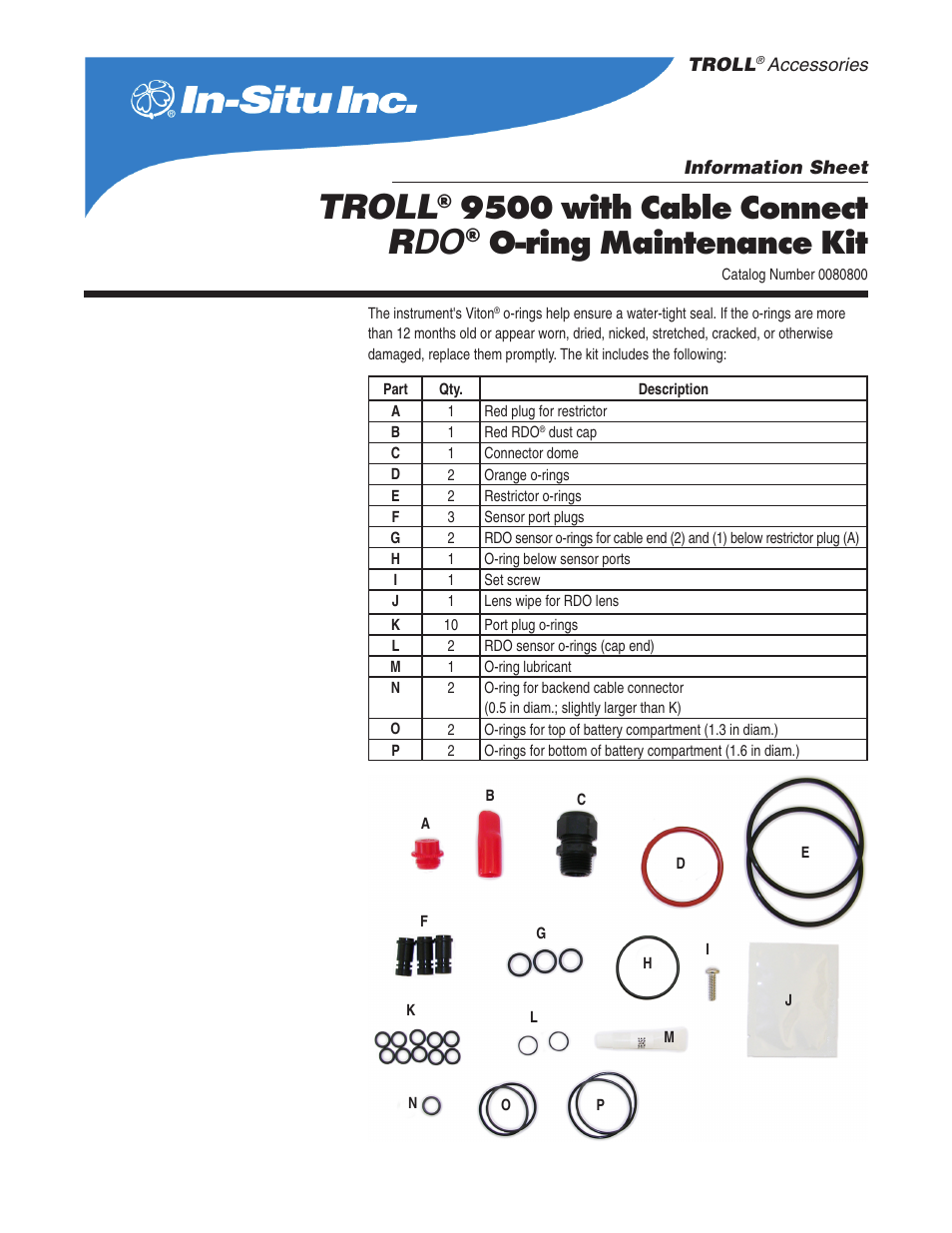 In-Situ TROLL 9500 O-ring Maintenance Kit (Cabled RDO Sensor; instruments less than 4 User Manual | 2 pages