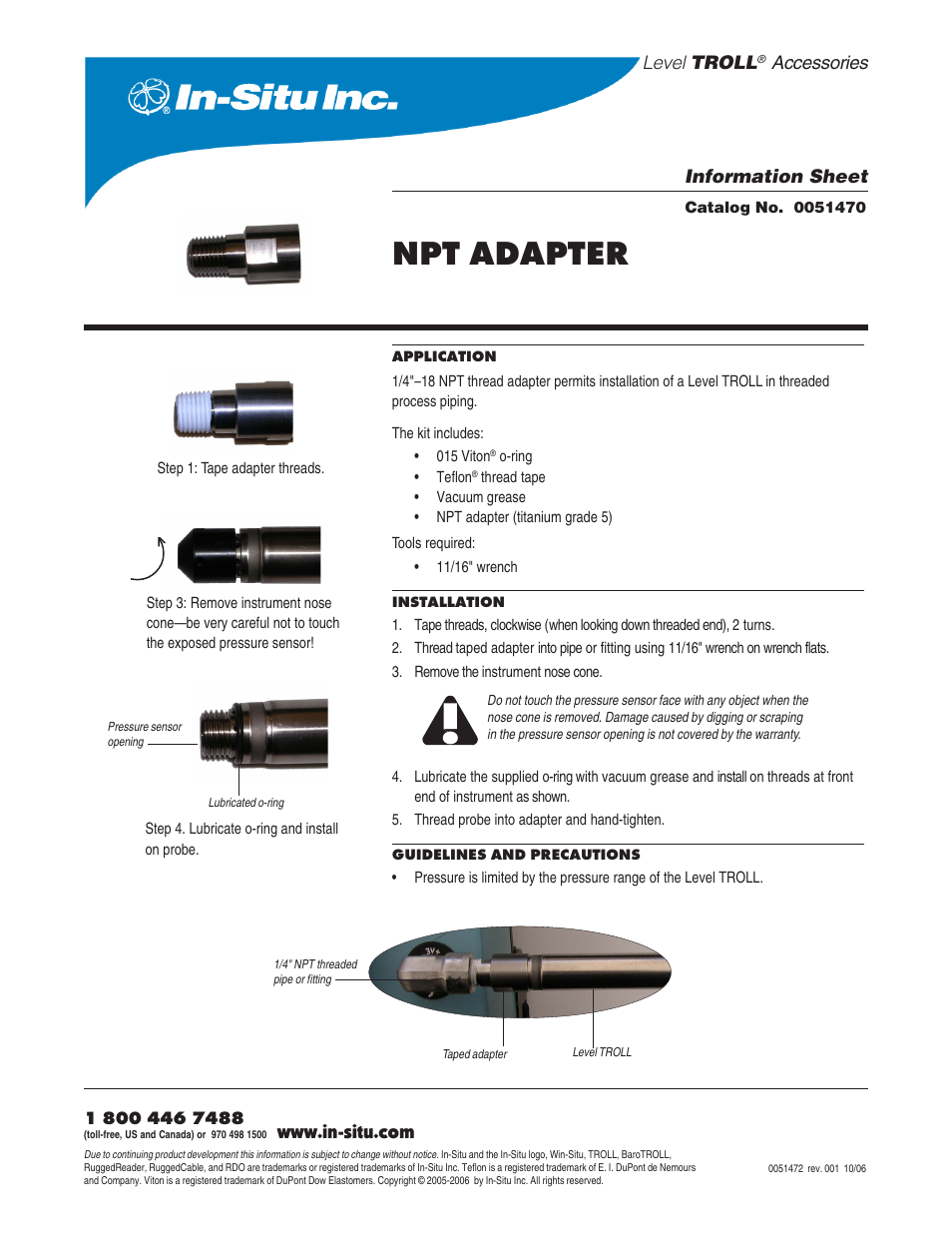 In-Situ NPT Adapter for Nose End of Level TROLL Instruments User Manual | 1 page