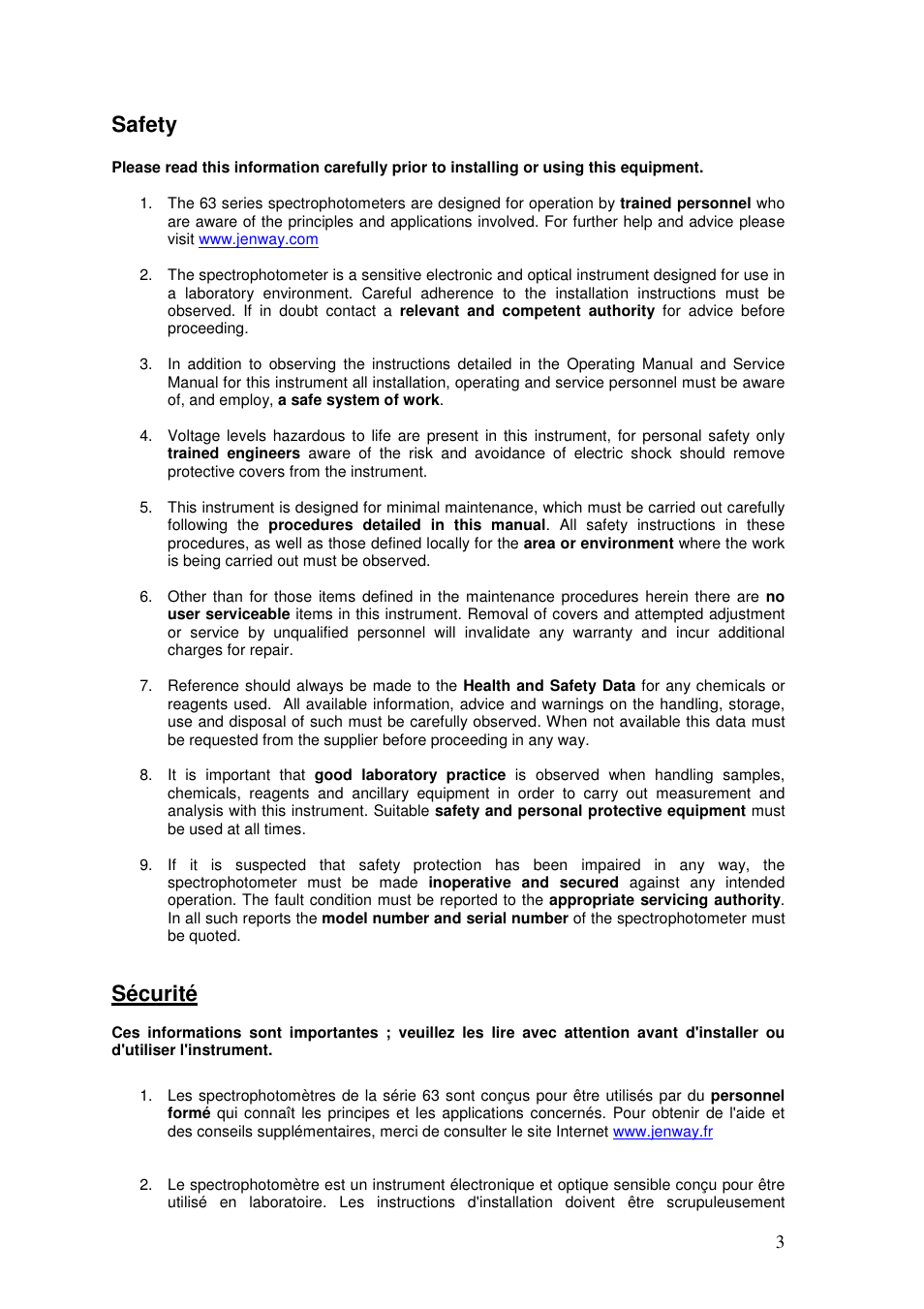 Safety, Sécurité | Jenway 6320D User Manual | Page 3 / 29