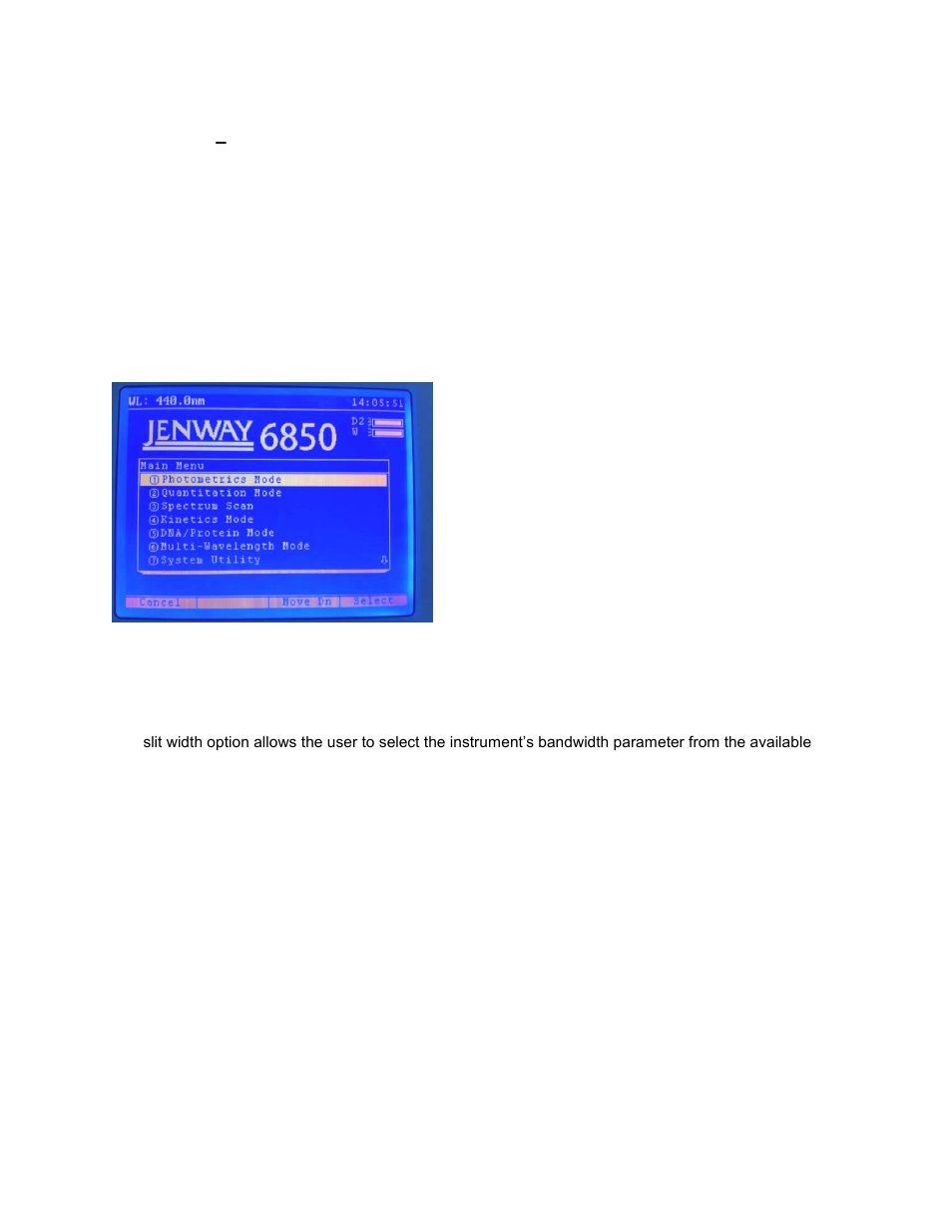 Section 4, Instrument setup, Instrument navigation | Main menu screen, Slit width setting | Jenway 6850 User Manual | Page 18 / 56