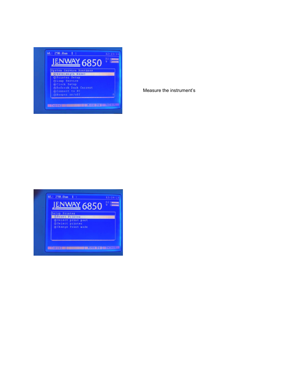 System utility menu, Wavelength reset, Printer setup | Jenway 6850 User Manual | Page 19 / 56
