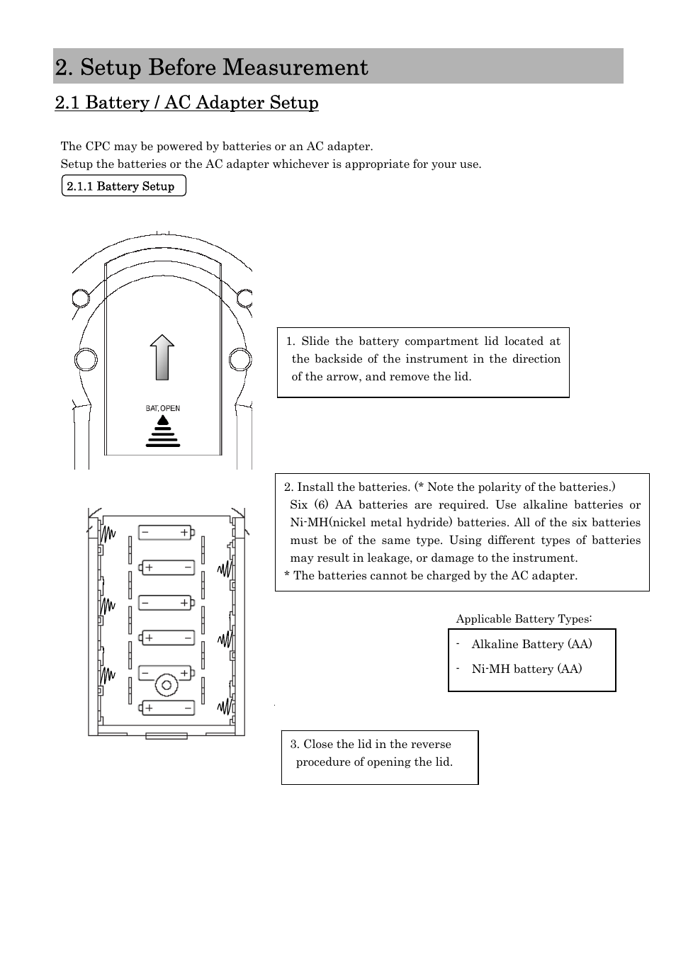 Setup before measurement, 1 battery / ac adapter setup | KANOMAX 3800 Handheld Condensation Particle Counter User Manual | Page 12 / 42