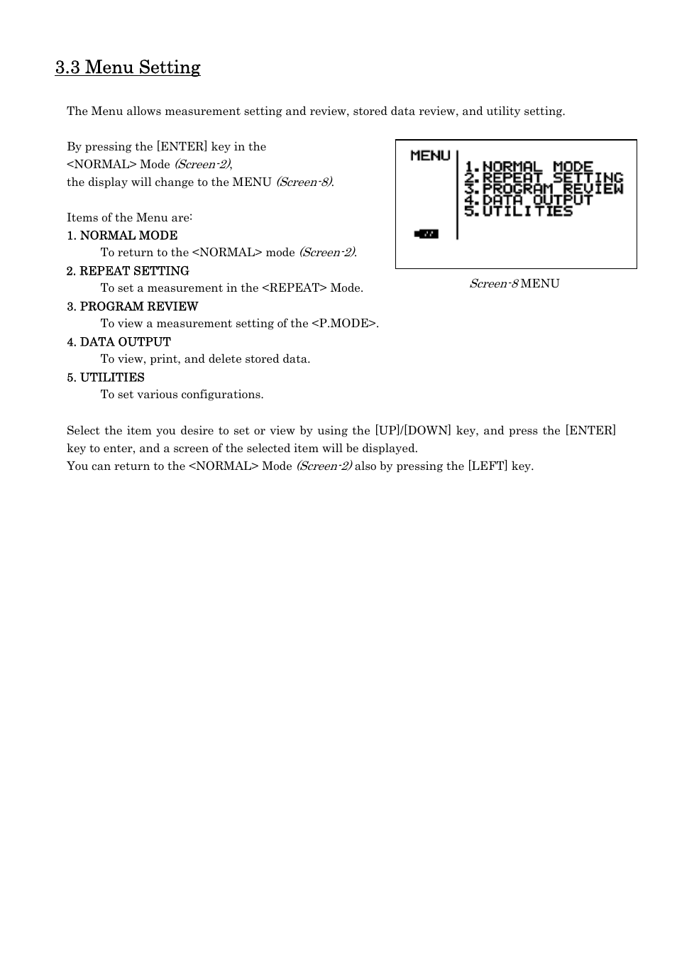3 menu setting | KANOMAX 3800 Handheld Condensation Particle Counter User Manual | Page 25 / 42